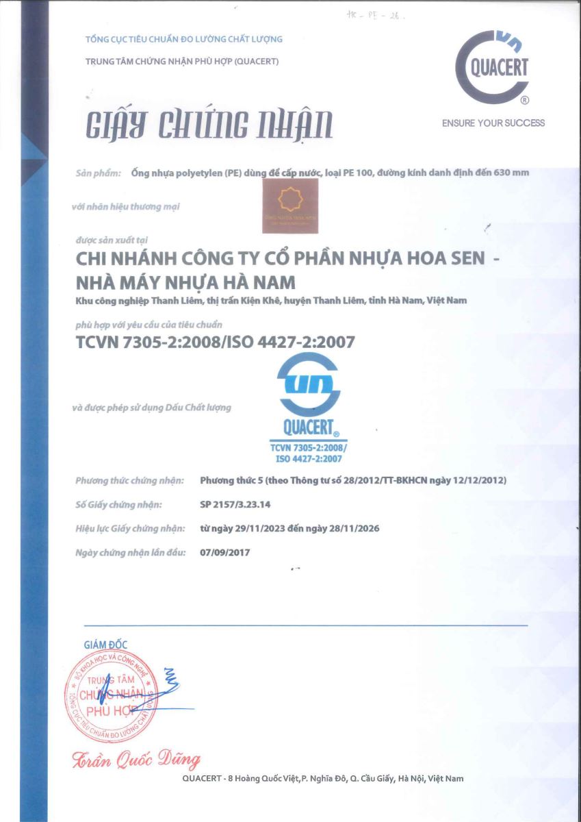 Giấy chứng nhận ống nhựa PE đạt tiêu chuẩn TCVN7305-2:2008/ISO 4427-2:2007 - Ảnh 1
