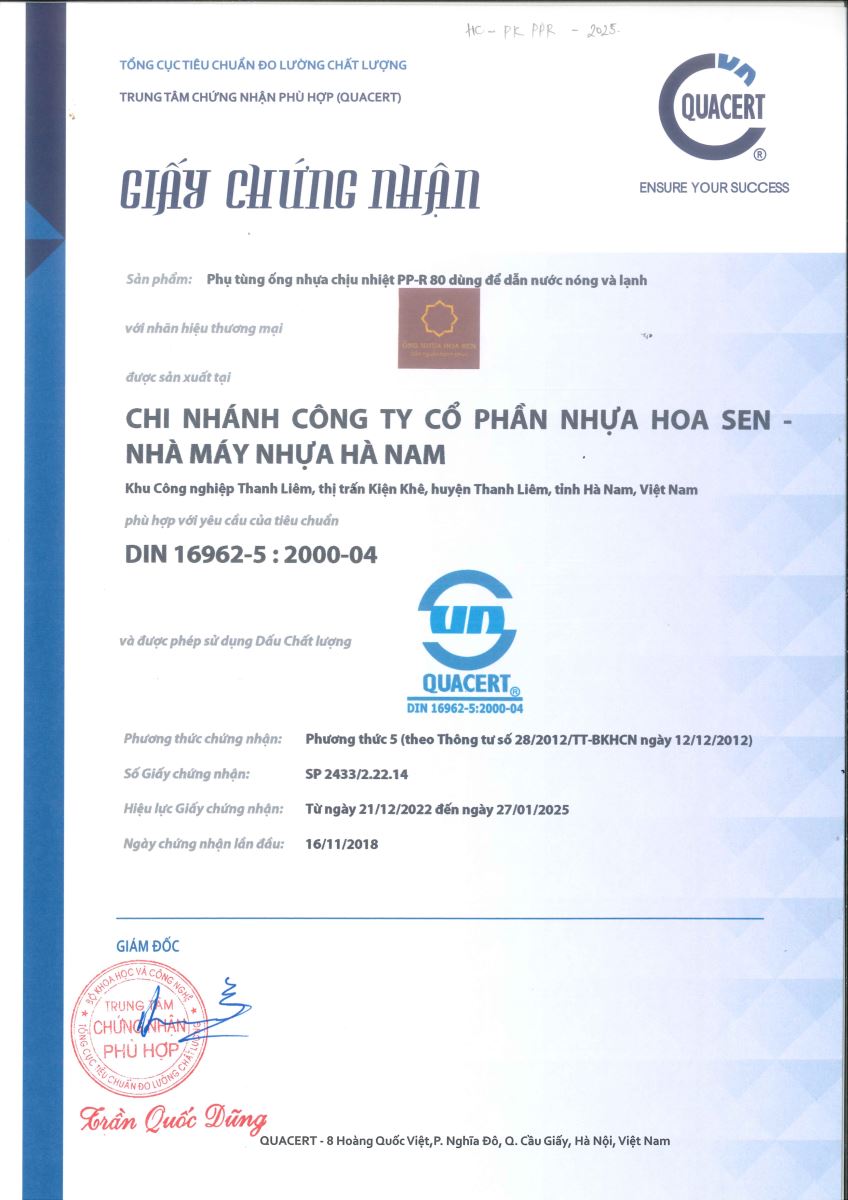 Giấy chứng nhận phụ tùng ống nhựa PPr đạt tiêu chuẩn DIN 16962-5:2000-04 - Ảnh 1
